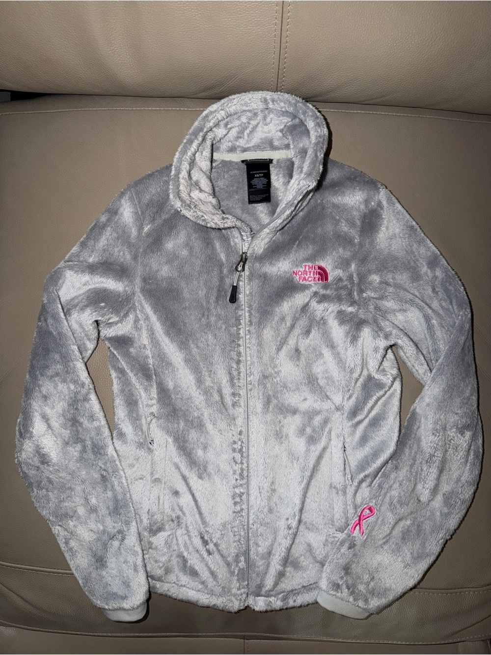 The North Face Gray/Pink Fleece ZipUp Jacket Breast Cancer Awareness sz Women XS